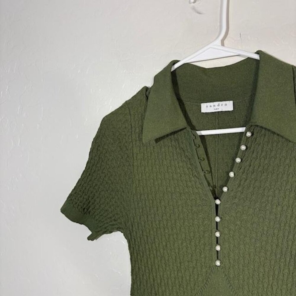 Sandro Dress Womens 38 Green Knit Collared Fit & Flare Sweater Short Sleeve - Picture 2 of 8